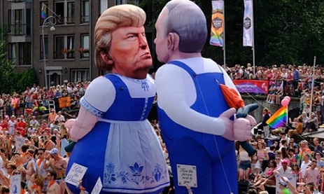 “Amerika’yı Yeniden Eşcinsel Yapalım’’ deyip Trump ve Putin’i öpüştürdüler